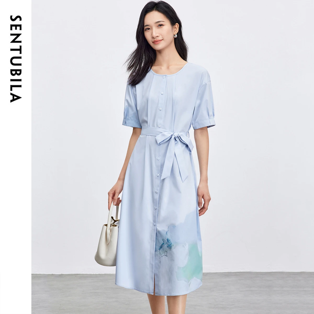 

SENTUBILA Sky Blue Women's Dresses 2025 New A-line O Neck Lantern Sleeve Folds Printing Button Wrap Long Dresses 152L59386