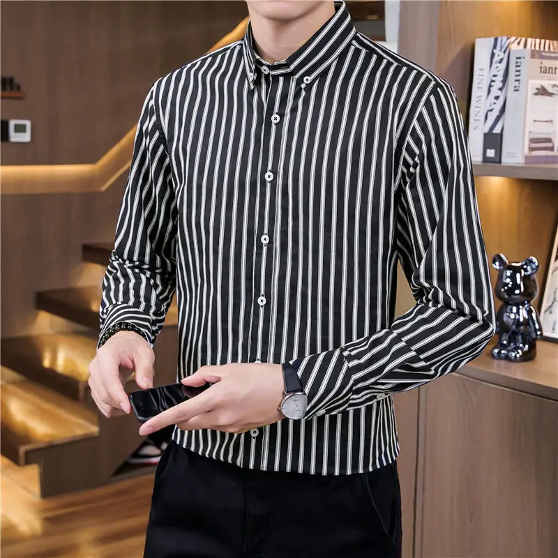 

Мужская новая весенне-осенняя рубашка с длинными рукавами и воротником в полоску с принтом, повседневный мужской топ