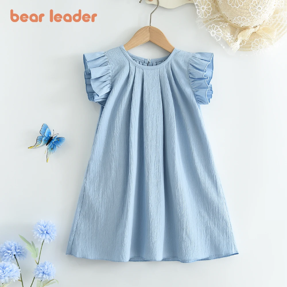 Bear Leader 2024 Summer New Ins Style Girls' Set Solid Color Flying Sleeve Mushroom Edge Dress Princess Skirt Children'sClothing