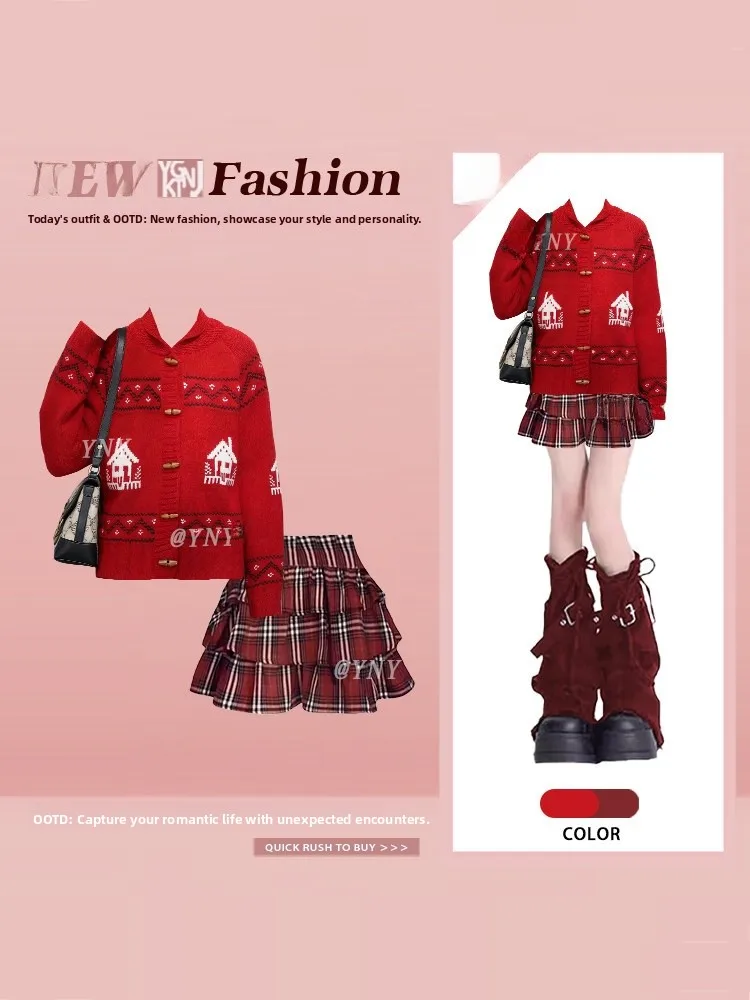 

Red Sweet Knitted Floral Embroidery Cardigan And Plaid Puffy Skirt Two-Piece Set for Girls Spring New Year Faion Ensemble