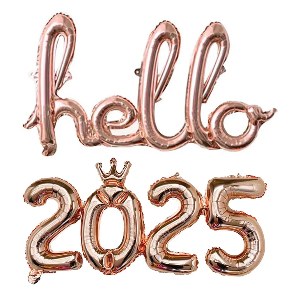 

1set 16inch Connection Crown Hello 2025 Number Foil Balloons For New Years Eve Party Supplies Anniversary Party Graduation Decor