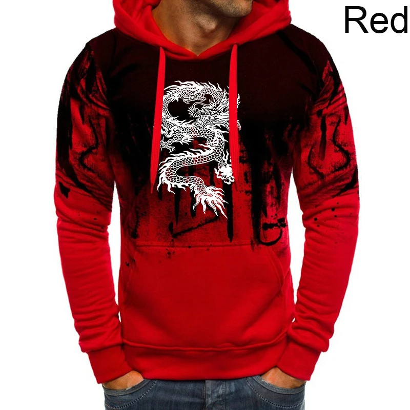 Men\'s Fashion Dragon Print Hoodies Casual Autumn Winter Long Sleeves Hooded Sweatshirts Outdoors Sport Tops