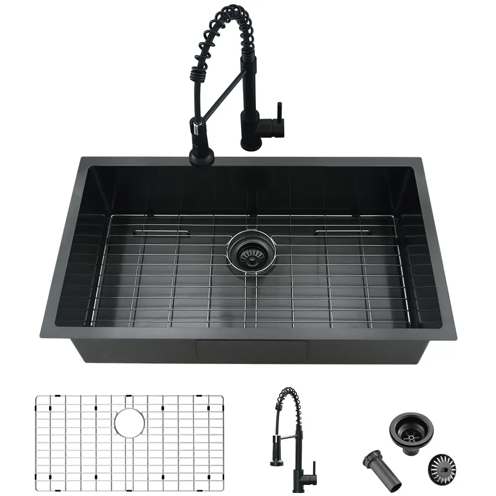 

33 Inch Black Undermount Kitchen Sink With Pull-Up Faucet Single Bowl Deep Stainless Steel Sink Set