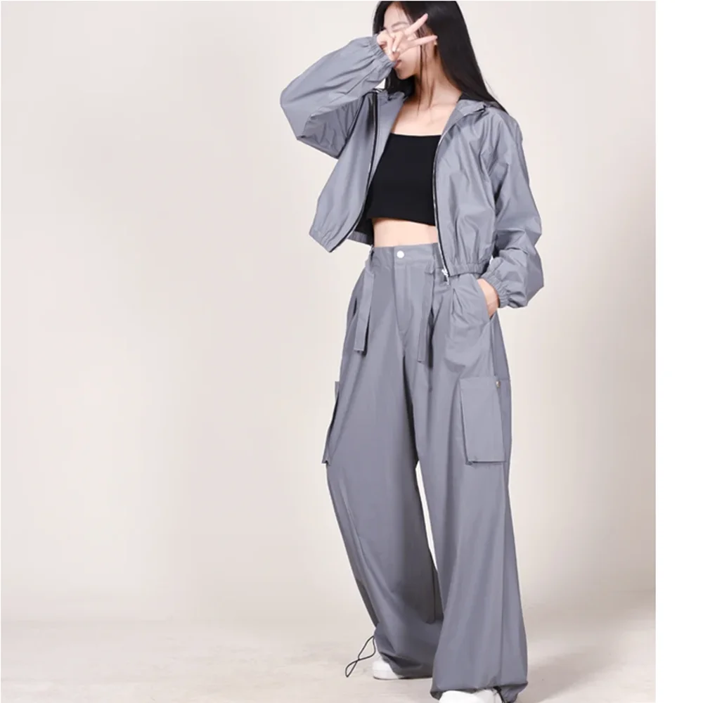 Laser Reflective Hip Hop Suit Adult Jazz Dance Costume Street Dance Performance Stage Wear Women Oversize Cargo Pants Coat