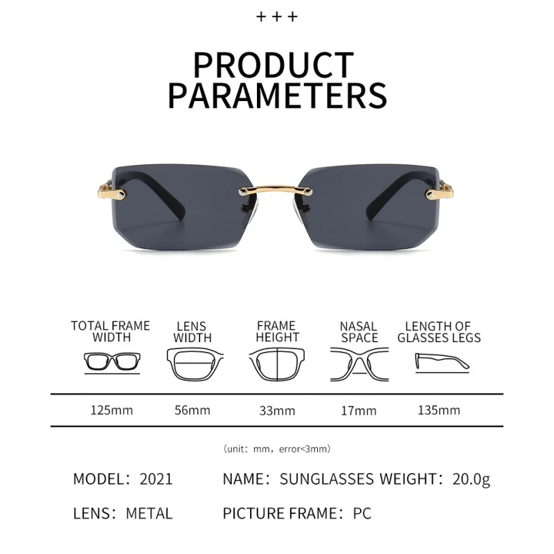 แว่นกันแดดทรงสี่เหลี่ยมไร้ขอบสำหรับผู้ชายแว่นกันแดดแฟชั่นทรงสี่เหลี่ยมขนาดเล็กสำหรับผู้หญิงอุปกรณ์เสริมสำหรับกลางแจ้งในฤดูร้อน