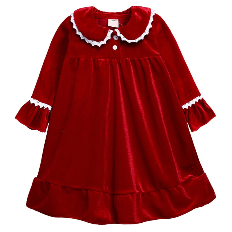 Fall Winter Christmas Dress Girls Clothing Korean Cute Doll Collar Red Pleuche Princess Baby Dresses Kids Boutique Clothes BC750