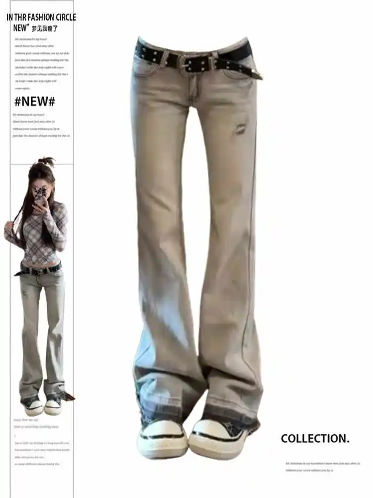 Women's Low Rise Jeans Embroidered Flared Denim Pants American Retro Y2k High Street Bell Bottom Jeans Harajuku 2000s Korean New