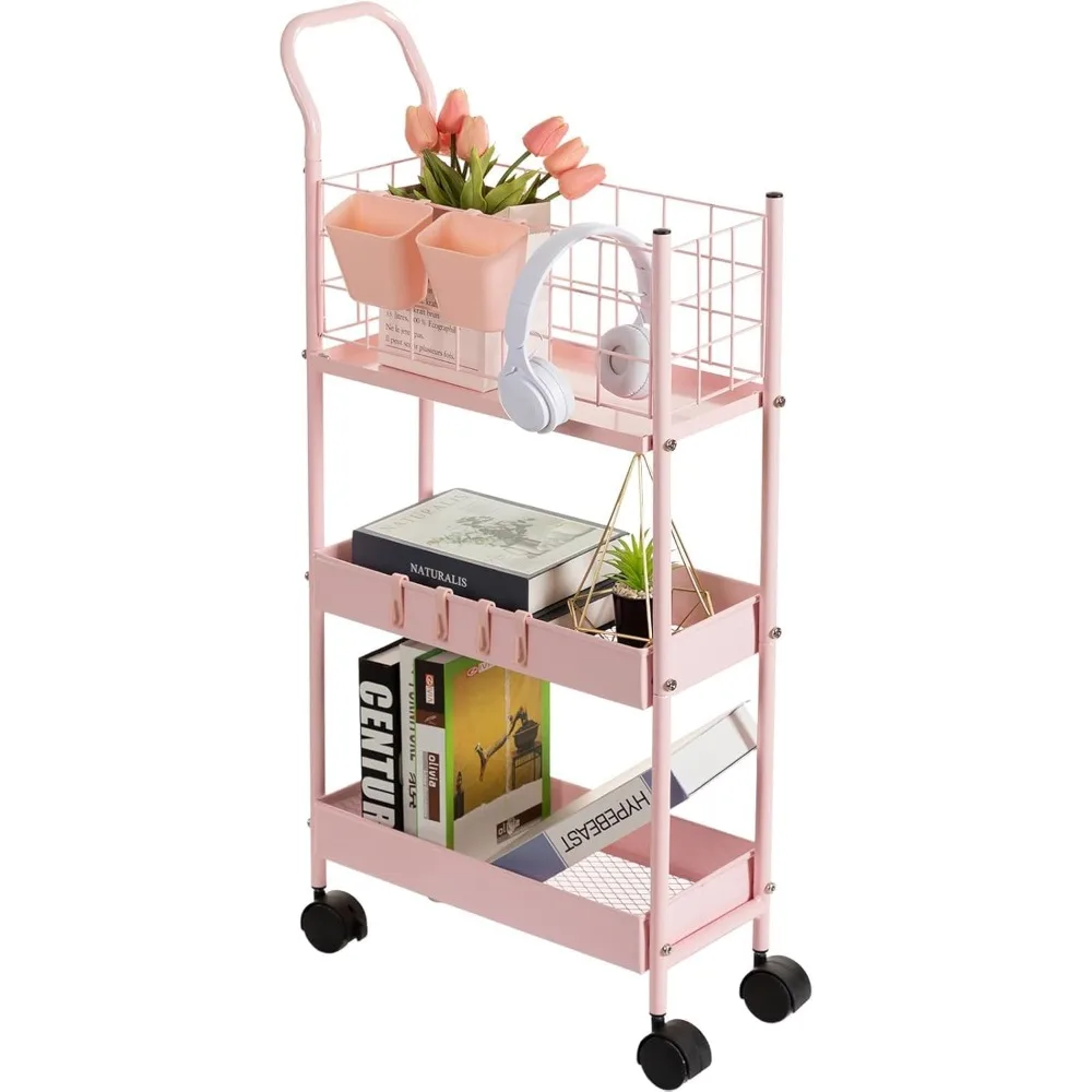 

Slim Storage Cart, 3 Tier Metal Slim Rolling Cart with Handle, Hooks and Hanging Cups, Narrow Kitchen Carts with Wheels for Bat