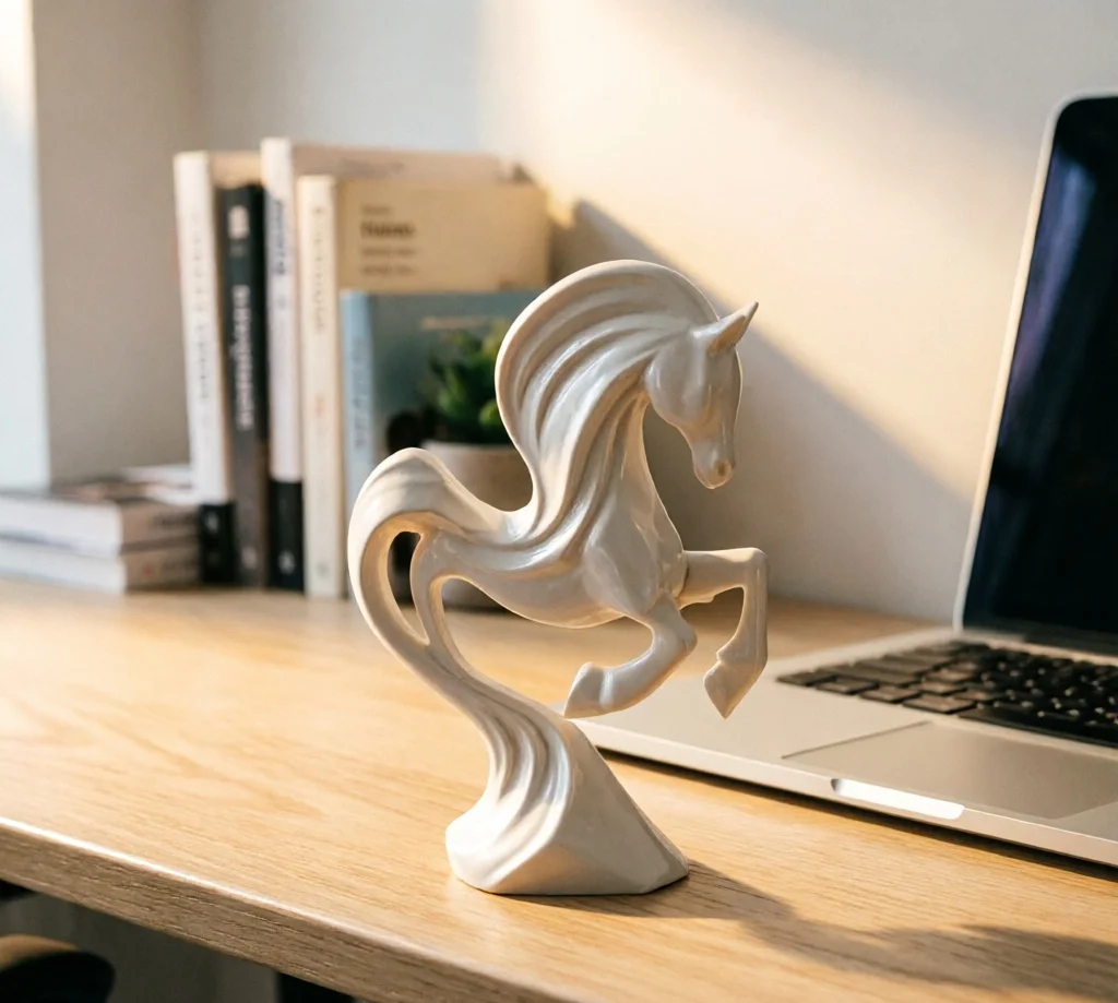 Stylized Horse Figure 3D Modeled Display Shelf Styling Dynamic Pose Ornament Smooth Surface Soft Lighting