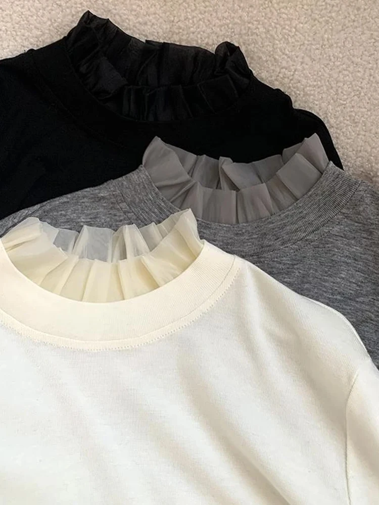 슬림핏 또는 롱 티셔츠 여성용 가을 겨울 하이 칼라 기본 티셔츠 출퇴근용 슬림핏 얇은 폴리에스터 섬유