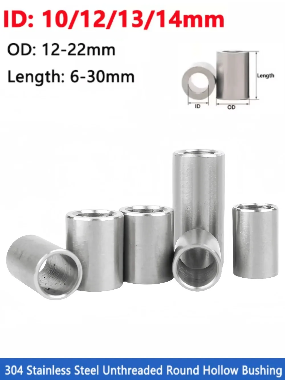 304 Stainless Steel Hollow Sleeve Bushing Unthreaded Round Spacer Standoff Washer Gasket Inner Dia 10/12/13/14mm OD 12-22mm