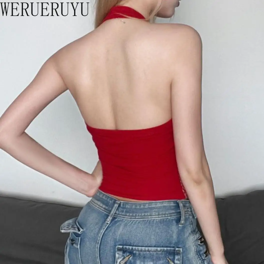 Sexy Backless Halter-neck Tank Top Women Y2k Vintage Clothes Summer Streetwear Letter Print Sleeveless Red Vest Top Woman 2024