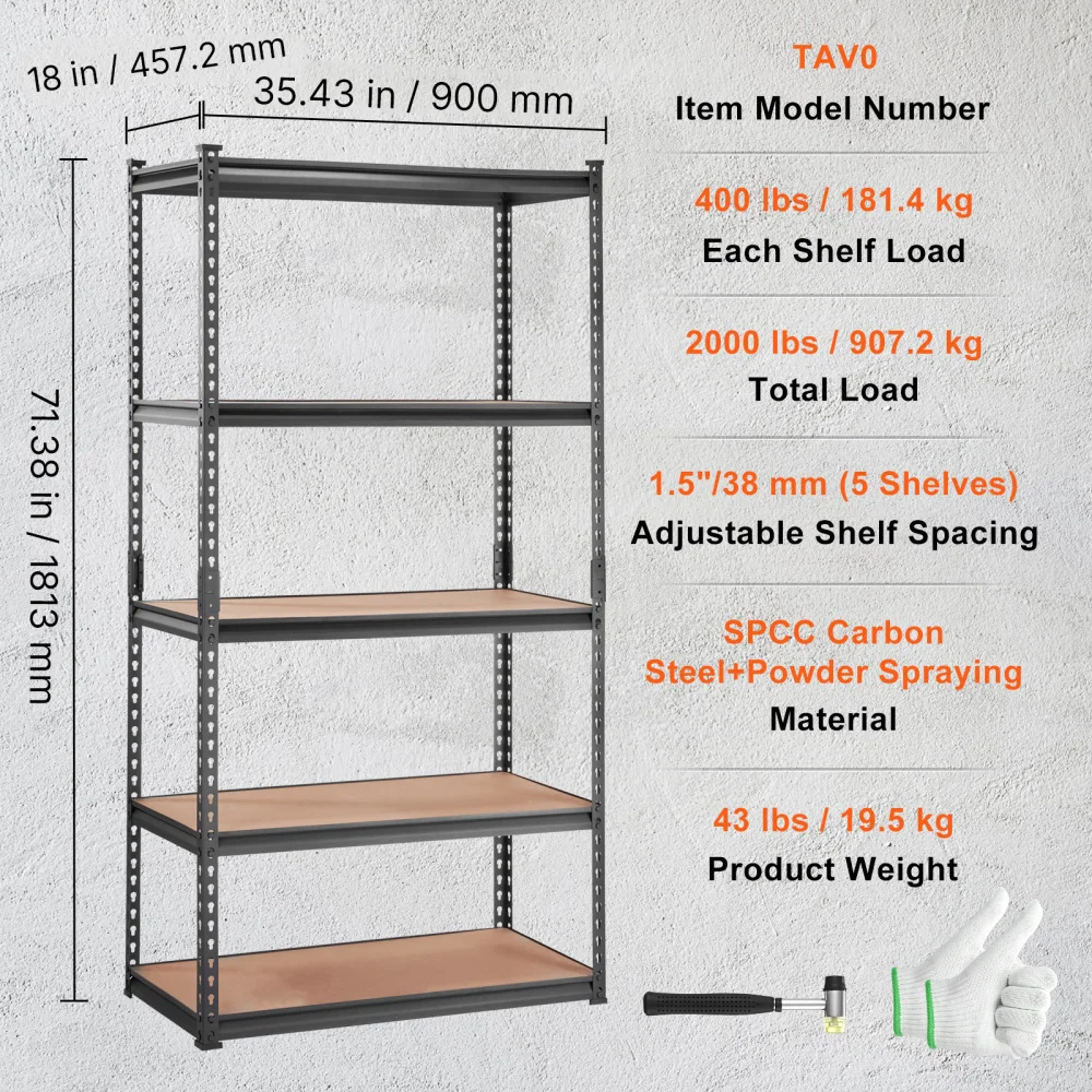 Estante de Almacenamiento Metálico Resistente de 5 Niveles Ajustables, Capacidad de 907 kg, 91.44 cm × 45.72 cm × 182.88 cm, Color Negro, para Garaje, Cocina, Sótano, Lavandería