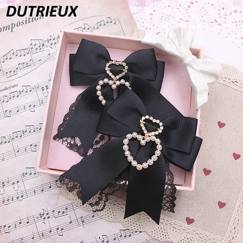 Japanese Style Handmade Sweet Lady Cute Lace Hair Accessories Kawaii Love Pearl Pendant Bow A Pair of Hairclips Barrettes