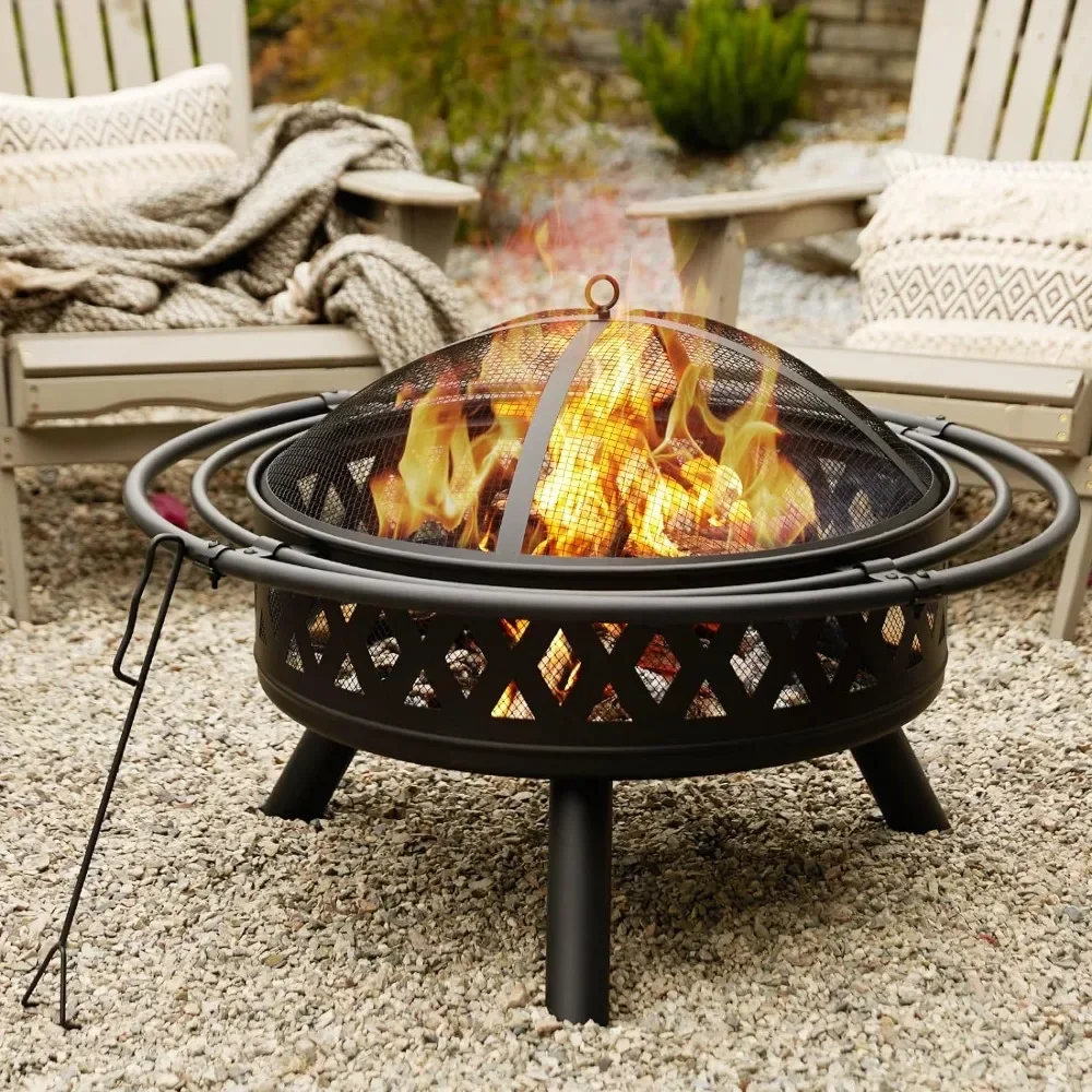 

XMSJ 35 Inch Fire Pit, Outdoor Wood Burning Fire Pit Crossweave with Spark Screen Fire Poker with 2 Loops, Garden Bonfire