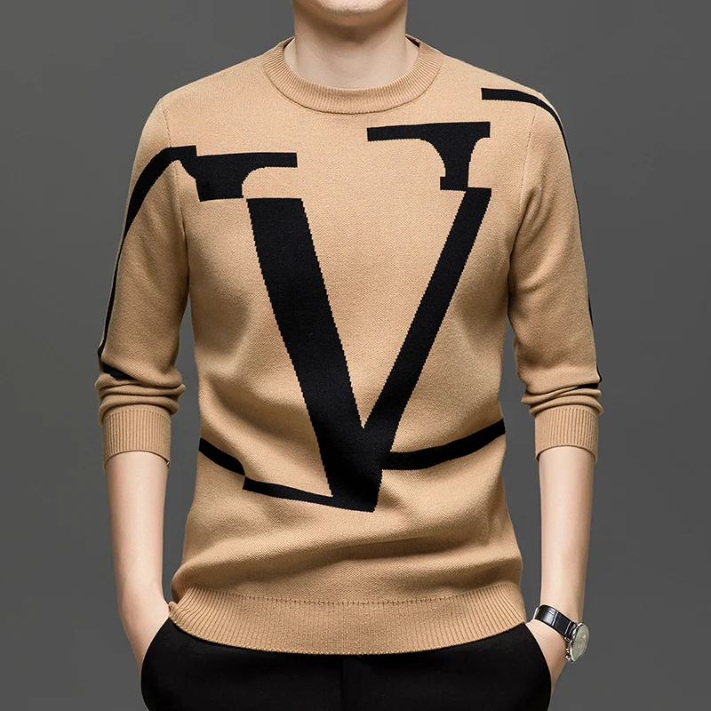 

European Fashion Brand Jacquard Sweater Men's High-end Slim Fit Knitted Sweater 2025 New Autumn and Winter Warm Base Shirt Men