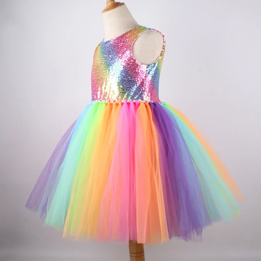 Rainbow Sequins Princess Dress for Girls Sleeveless Backless Party Evening Tutu Dresses Kids Clothes Vestido Children\'s Clothing