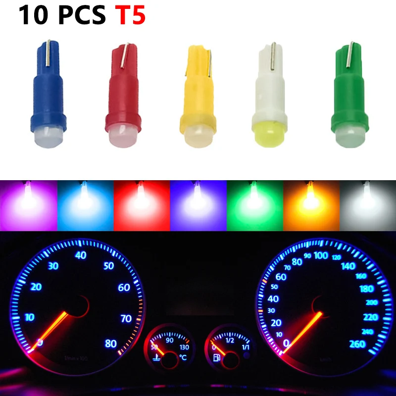 10PCS Car T5 LED (W3W W1.2W) COB Instrument Cluster Lights Super Bright Automobile Dashboard Warning Indicator Auto Gauge Lamps