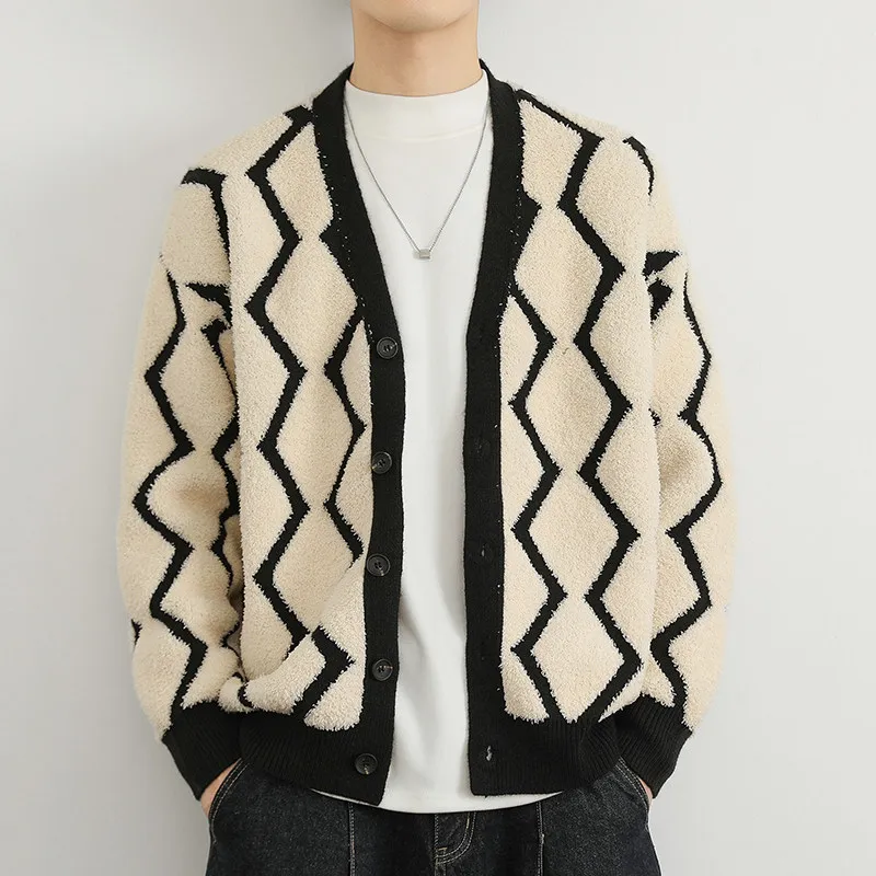 

Теплый мужской кардиган с длинными рукавами и геометрическим узором, вязаный свитер с V-образным вырезом и цветовыми блоками, повседневная модная мужская кофта
