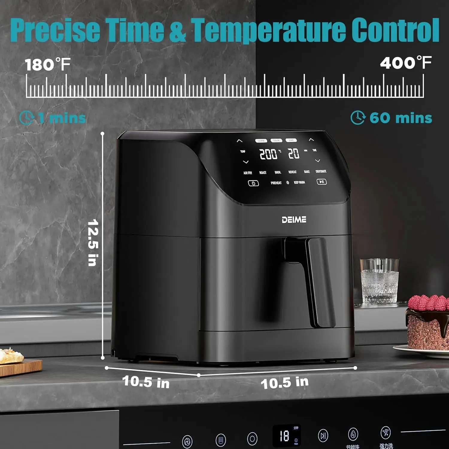 مقلاة هوائية سعة 6.2 كيو تي، فرن مقالي هوائية ساخنة بدون زيت، طباخ صحي 1500 وات مع 8 إعدادات مسبقة، شاشة LCD رقمية تعمل باللمس، Visua