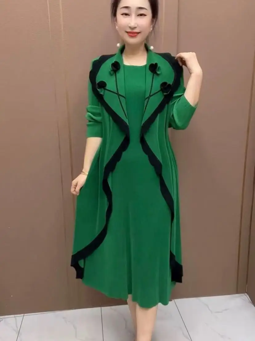 Damska spódnica w stylu casual chic, długa, na wiosnę i jesień, z wysokim stanem, w kształcie litery A, składana, luźna, z nadrukiem kwiatowym.