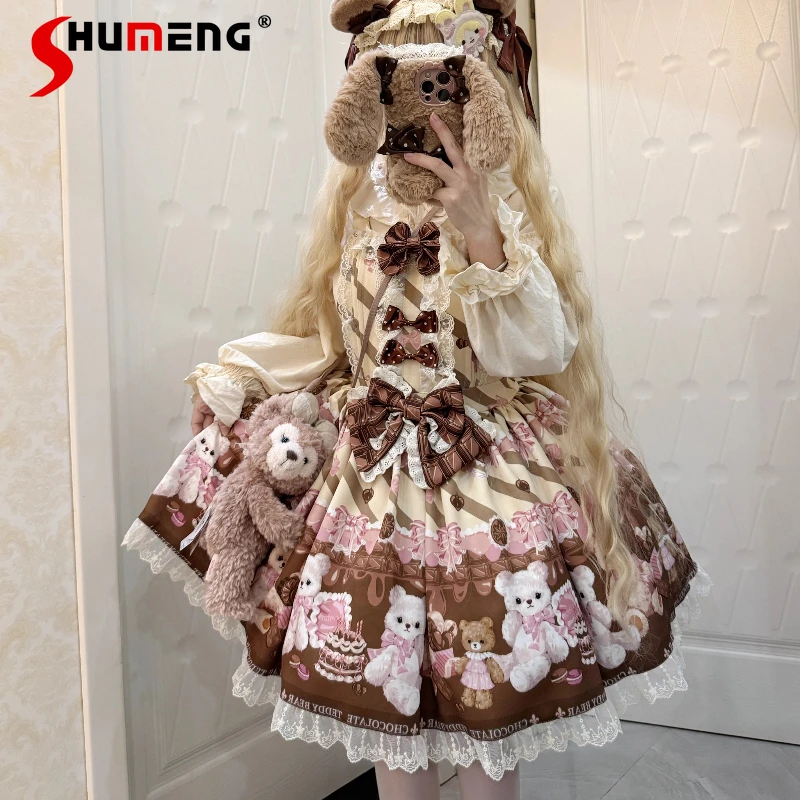 Originele Japanse Zachte Meisjes Lolita Verjaardag Jurk 2025, vrouwen Zoete Boog Beer Print Kawaii Mini Jurk Dagelijks Lo Prinses jurk