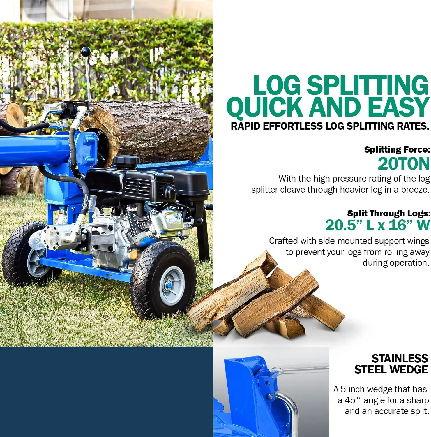 Log Splitter Portable 20 Ton Rapid Auto Return Ram System Bucher Gear Pump 7HP Engine Horizontal Full Beam Steel Wedge