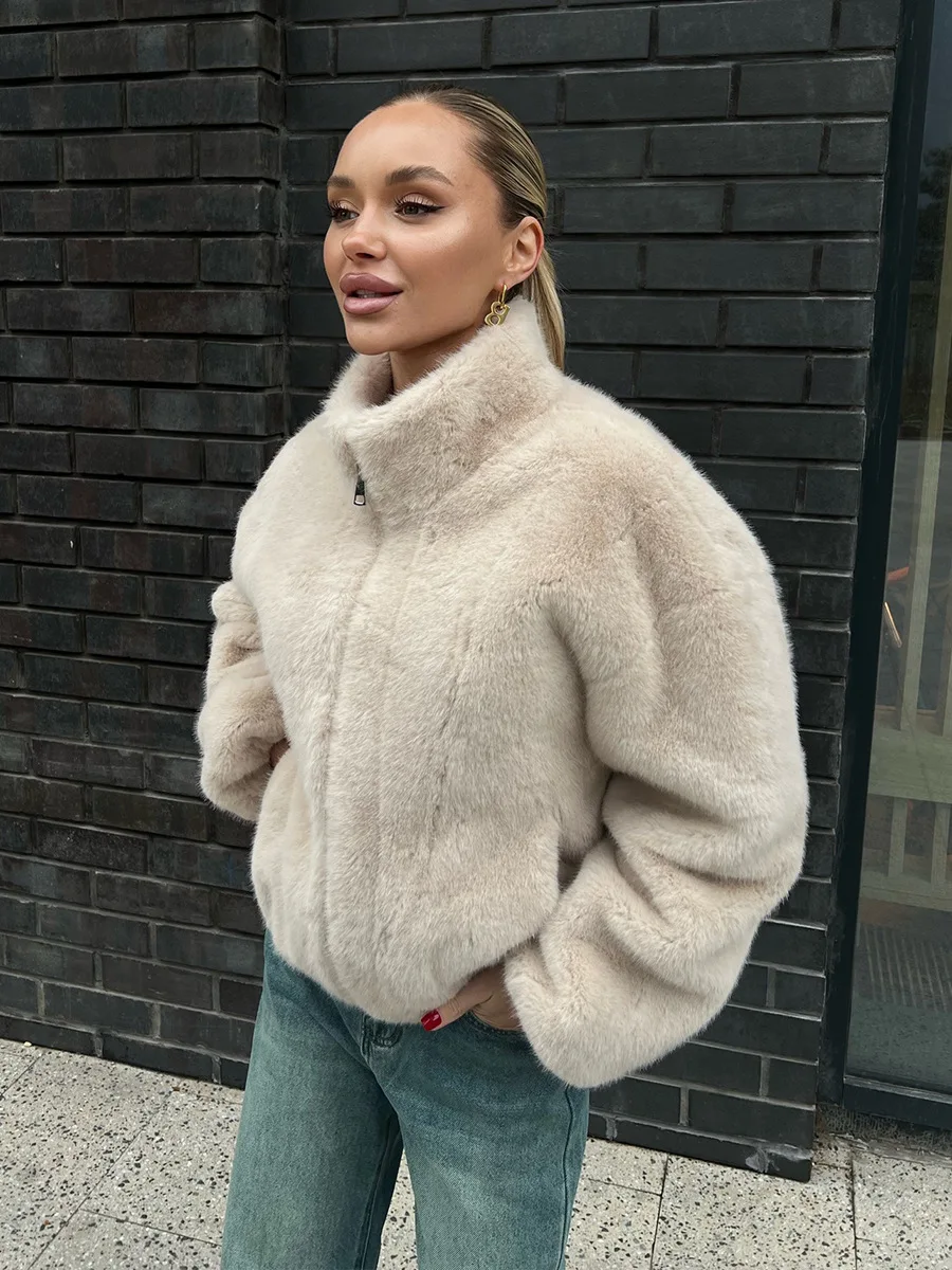 Bornladies nouvelle veste en fausse fourrure pour femme fermeture éclair chaud manteau en peluche surdimensionné doux moelleux col montant automne hiver veste décontractée