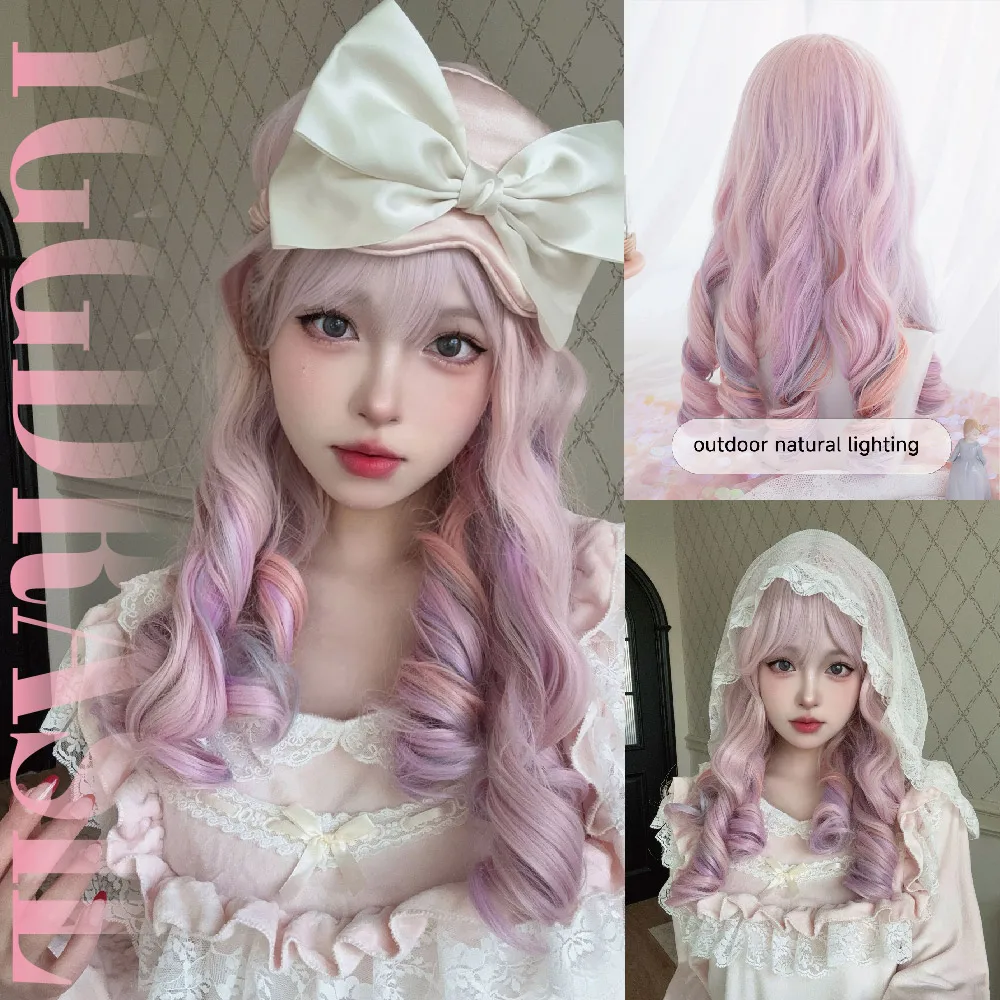 20Inch Lolita Cherry Blossom Pink Synthetic Wigs With Bangs Medium Curly Hair Wig For Women Daily Use Cosplay Heat Resistant