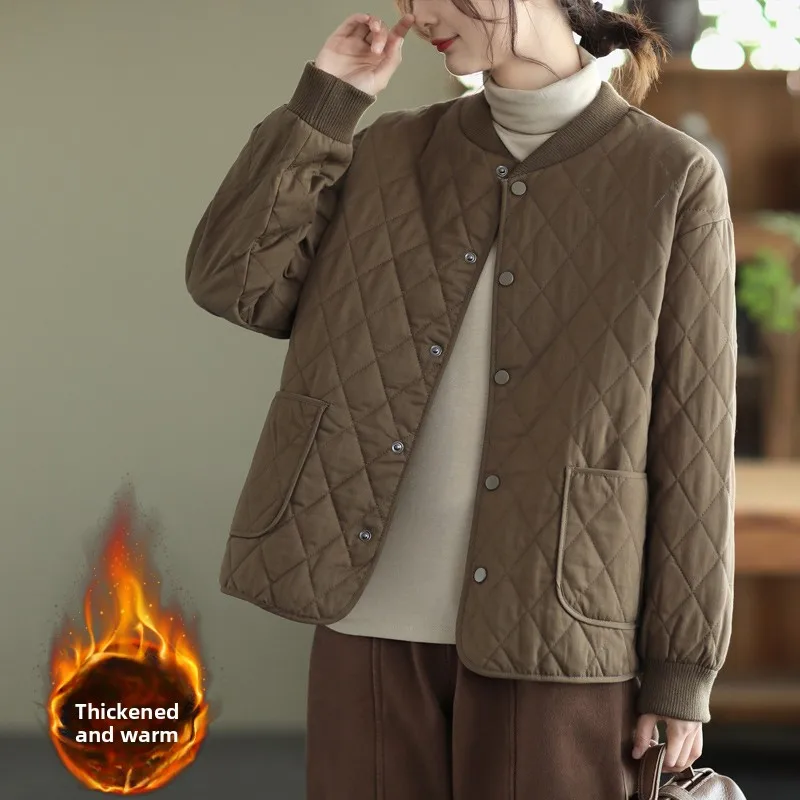 

Women's Thiened Warm Cotton Jaet Small Quilted Loose Fit Retro Sle Button up Long Sve Coat Artistic Commute Sle
