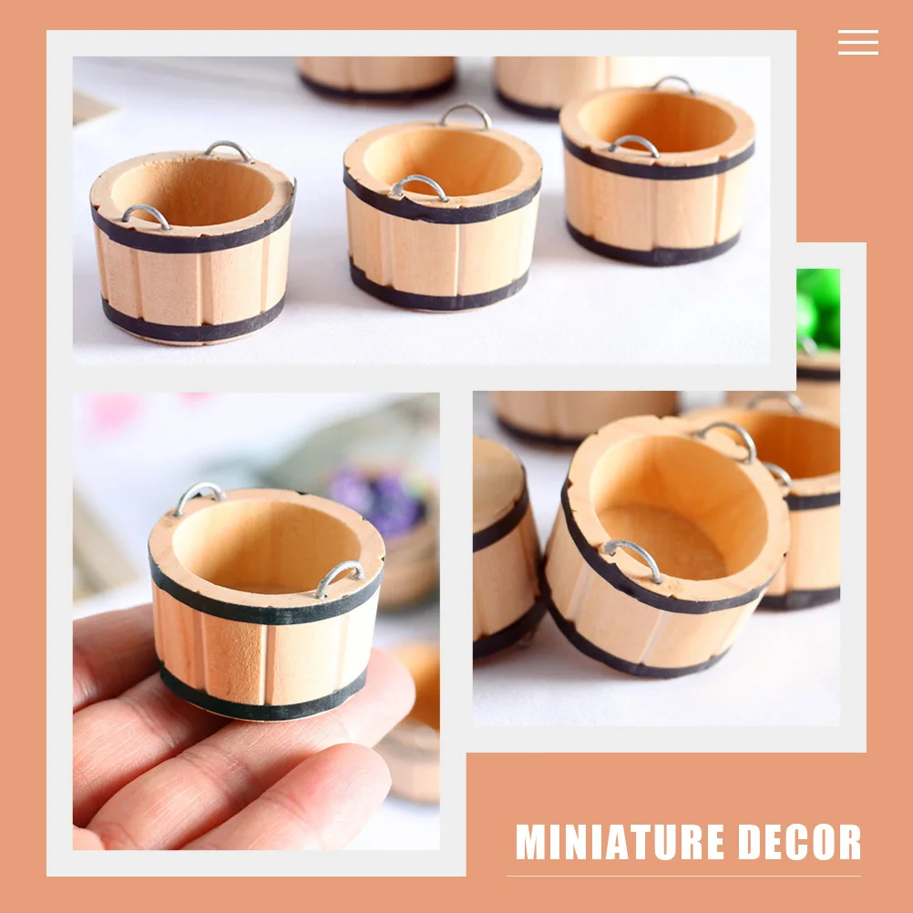 2 Pcs Miniature House Accessory Log Color Wooden Barrel Decorate Artificial Buckets Toy