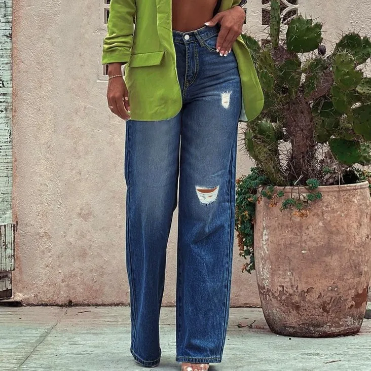 

Waed Denim Wide Leg Ladies Long Pants Elastic Cross-Border Cucumber Island Jeans Fem Faion Trousers Autumn Season