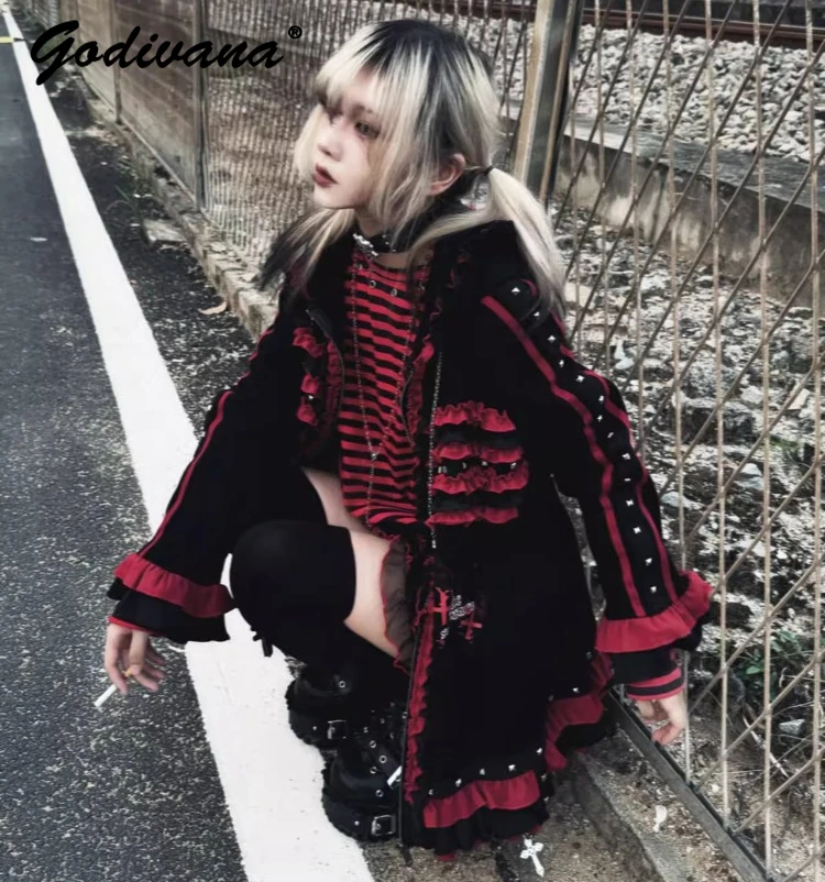 

Gothic Cat Ear Coat, Dark Subculture Long Sleeve Hoodie, Vintage Winter Jacket for Women, Black Harajuku Streetwear, Y2K Outfit