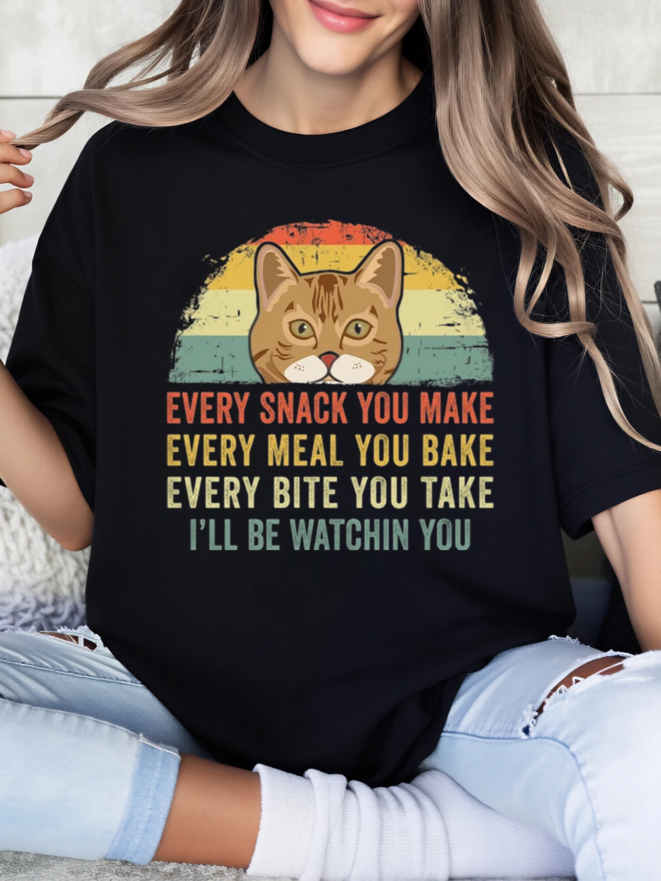 

Cat Face and Text Every Snack You Make Vintage Design t Shirt Women Casual Wear Home Kitchen Black Plus-Size