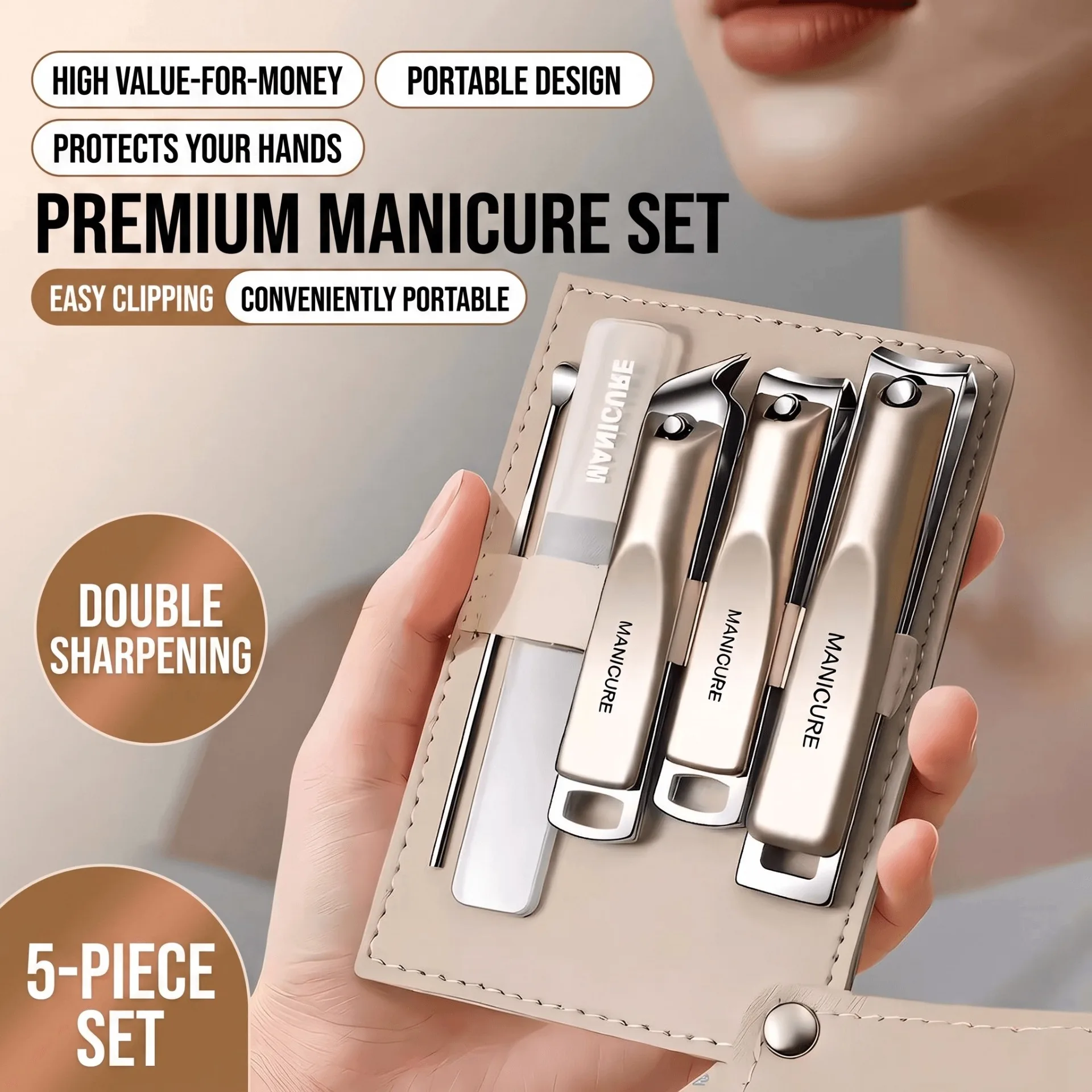 5-teiliges Maniküre-Pediküre-Set aus hochkohlenstoffhaltigem Stahl mit Nagelknipsern, Feile, Ohrenlöffel, tragbarem Etui, Reise-Schönheitsset!