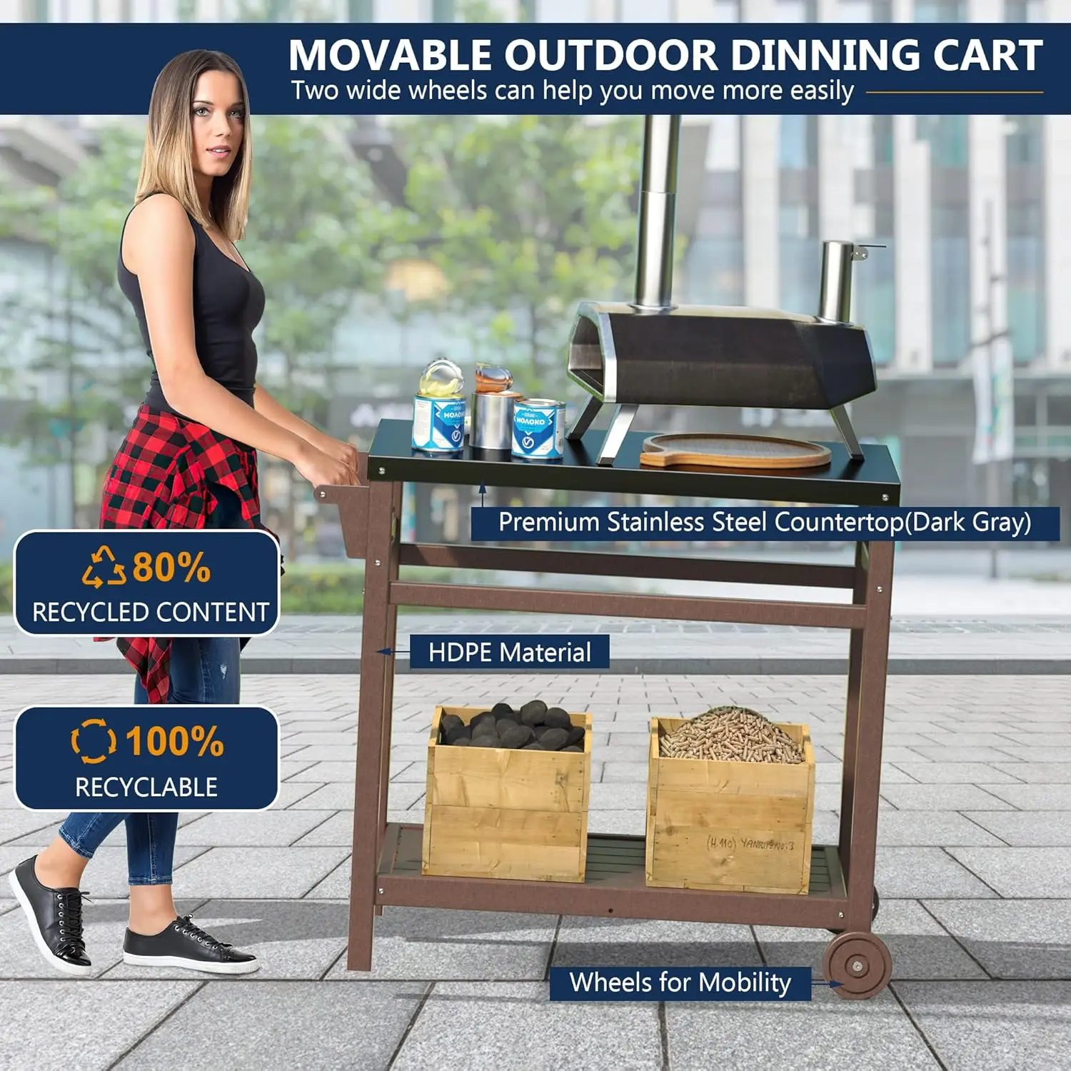 Carrito para parrilla al aire libre, soporte para horno de Pizza con ruedas, mesa de comedor para Patio exterior, mesa de preparación de cocina móvil, barbacoa