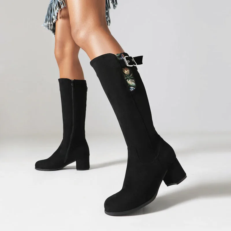 

New Fashion Faux Suede Women Knee High Boot Square High Heels Shoes Women Winter Patchwork Design Long Botas Mujer WSH5011