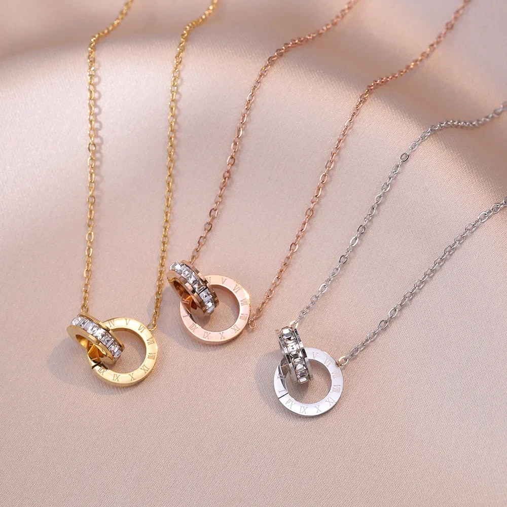 Luxury Elegant Crystal Circle Choker Fashion Roman Digital Stainless Steel Gold Silver Color Pendant Necklaces for Women Jewelry