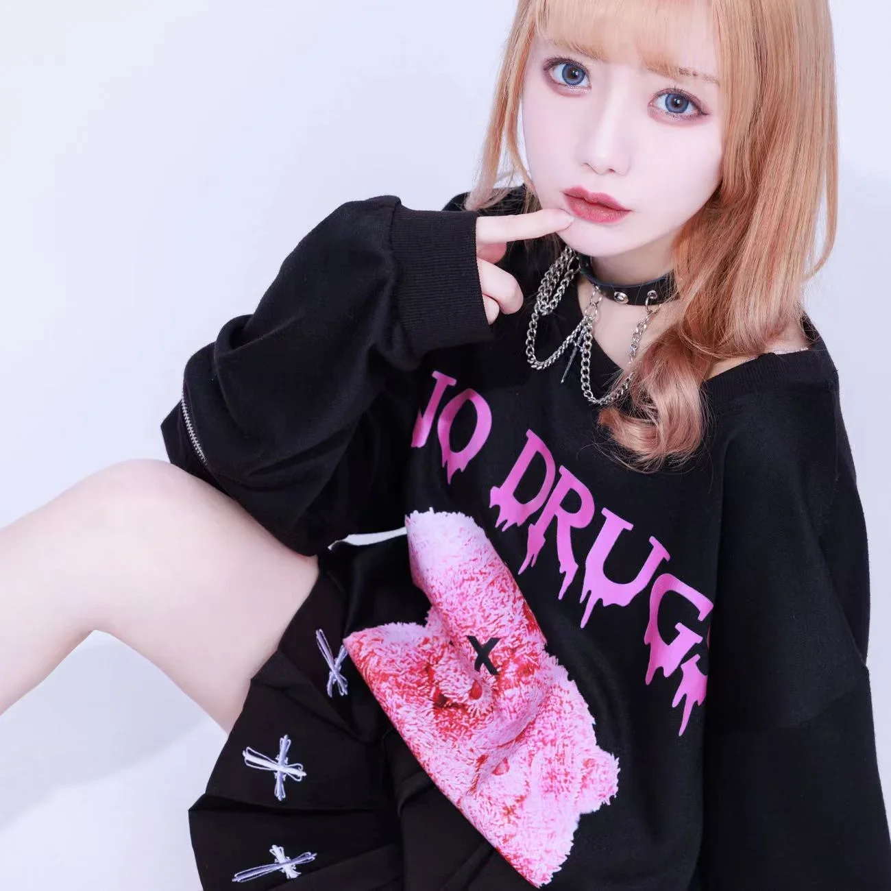 Japanese Mine Style Harajuku Printed Black Sweatshirt Men and Women\'s Loose T-shirt Off-Shoulder Zipper Long Sleeve Hoodie Tops