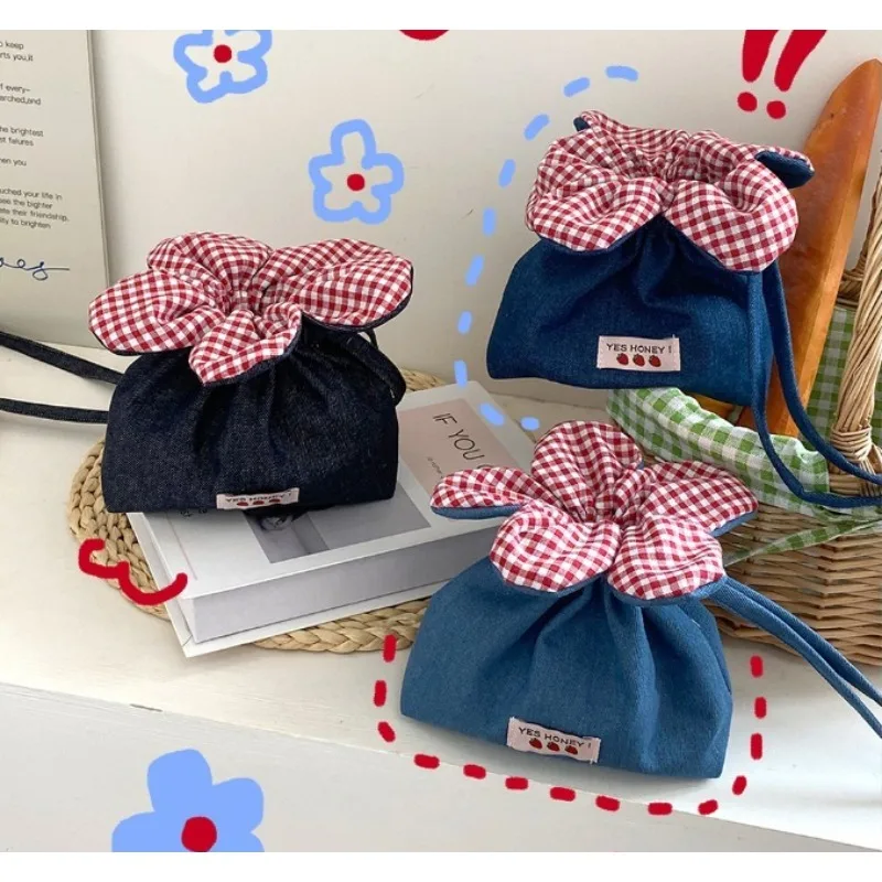 Women Cute Denim Flower Crossbody Bag, Korean Style Plaid Bow Drawstring Bucket Bag Casual Mini Phone Shoulder Purse