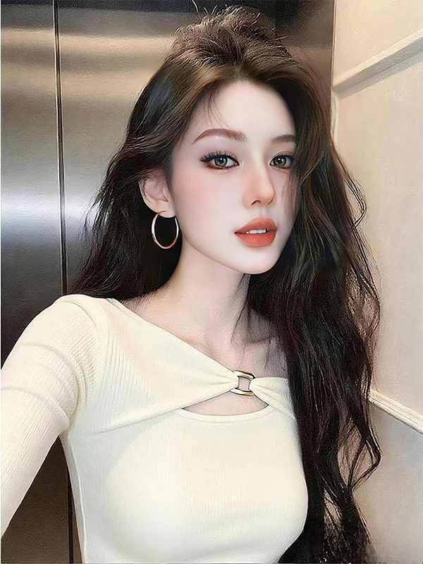 

Early Autumn Pure Desire Sweet Spicy Girl White Diagonal oulder Knitted Base irt Women's Inner Design Hollow out Slim Lon...