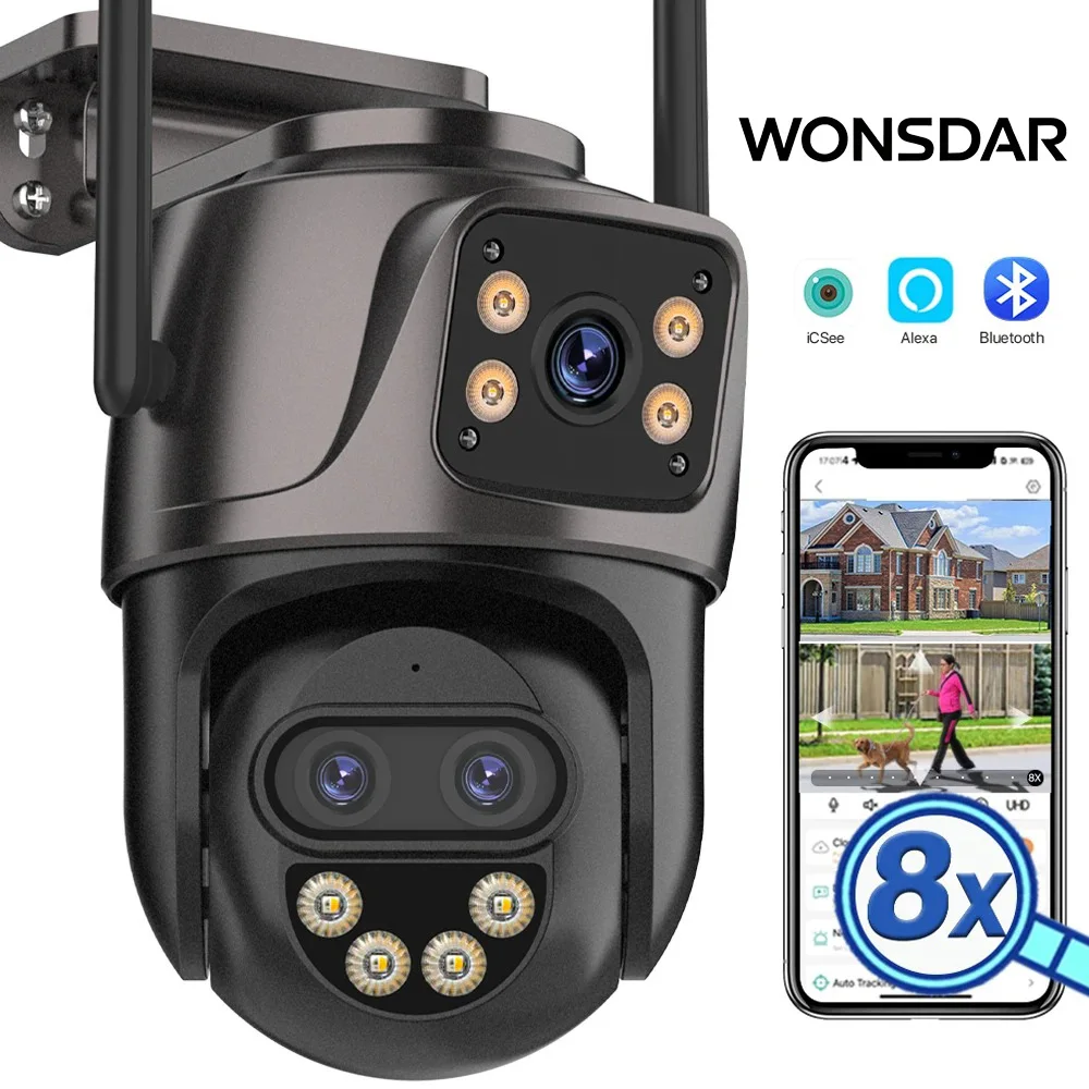 WONSDAR IP Camera Outdoor Three-Lens External WiFi Camera 4K HD Dual Screen Security PTZ Cam Auto Tracking Surveillance ICSee