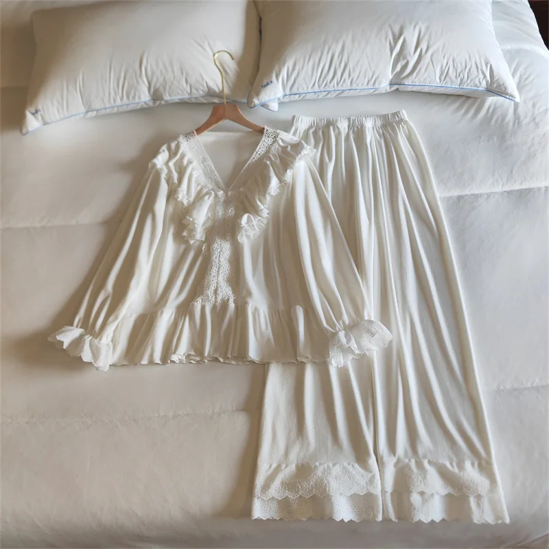 

V-Neck Lace Long Sleeve Pajama Woman Nightwear Autumn Winter Warm sleepwear Pyjamas Two-Piece Women's Pajamas Trousers Sets