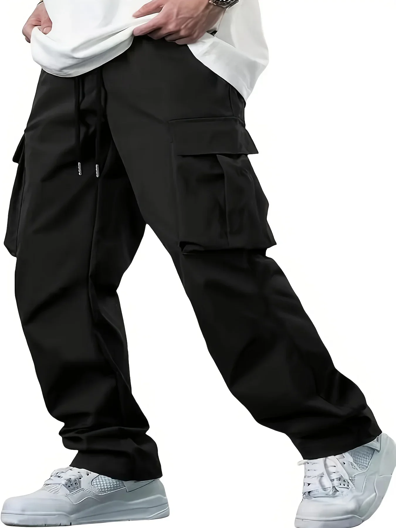 Men Loose Straight Cargo Pants, Elastic Drawstring Waist, Big Flap Side Pockets Casual Streetwear Trousers
