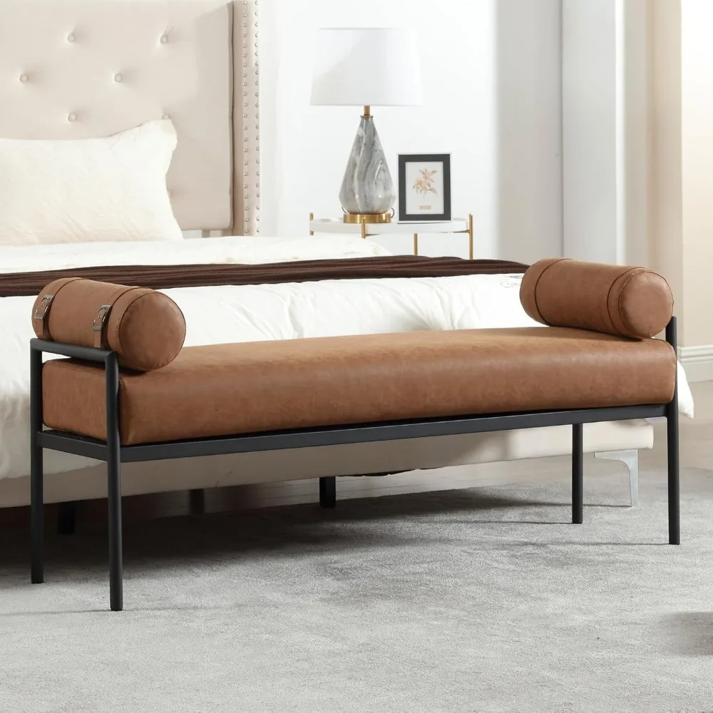 

Leather Bed Bench 55 Inch Long Bedroom Bench Padded Upholstered Ottoman Bench with Removable Pillows Modern Rectangle Entryway B