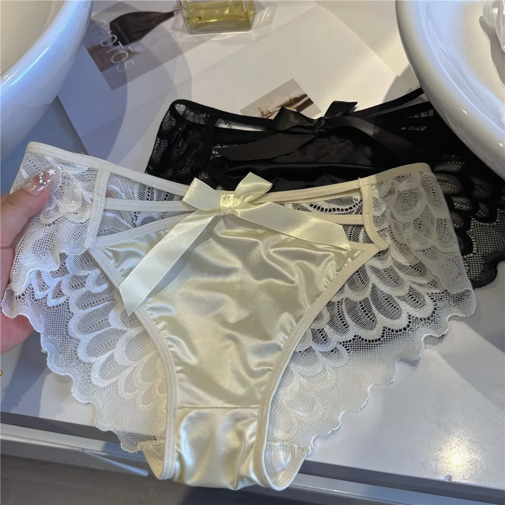 5Pcs Silk underwear, Women's intimate  sexy lovely soft ﻿comfortable bowknot silk  light  thin triangular pants lace splicing