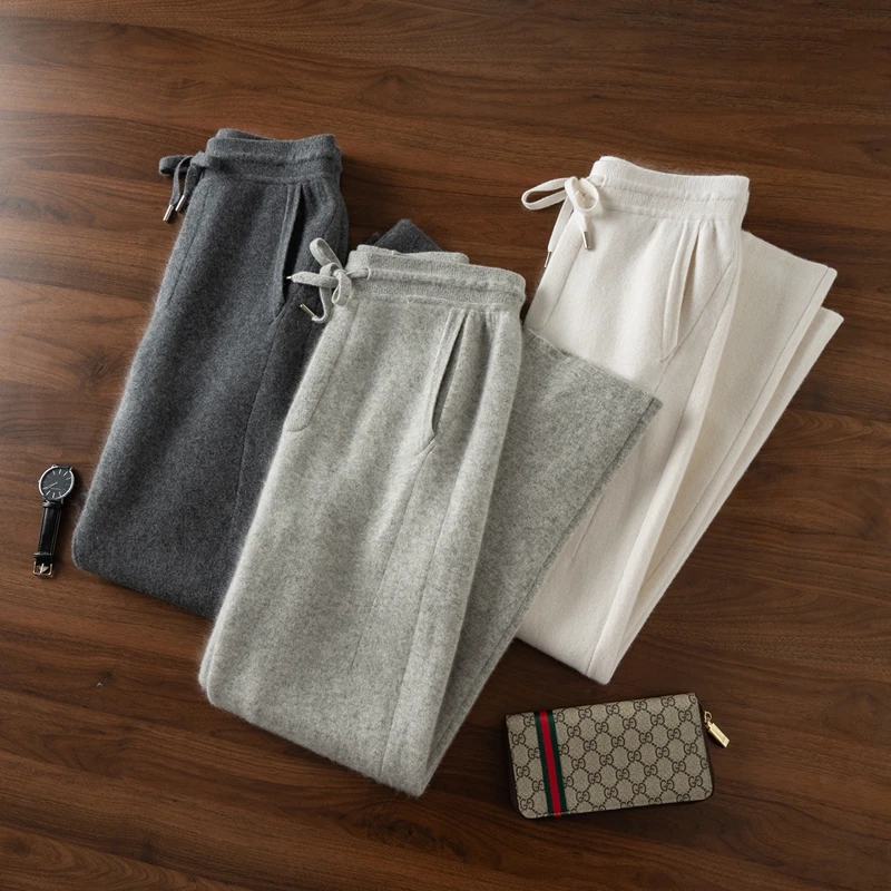 

2025 мужские кашемировые прямые брюки, осень-зима, однотонные 100% кашемировые трикотажные брюки с эластичной резинкой на талии, повседневные брюки на шнуровке