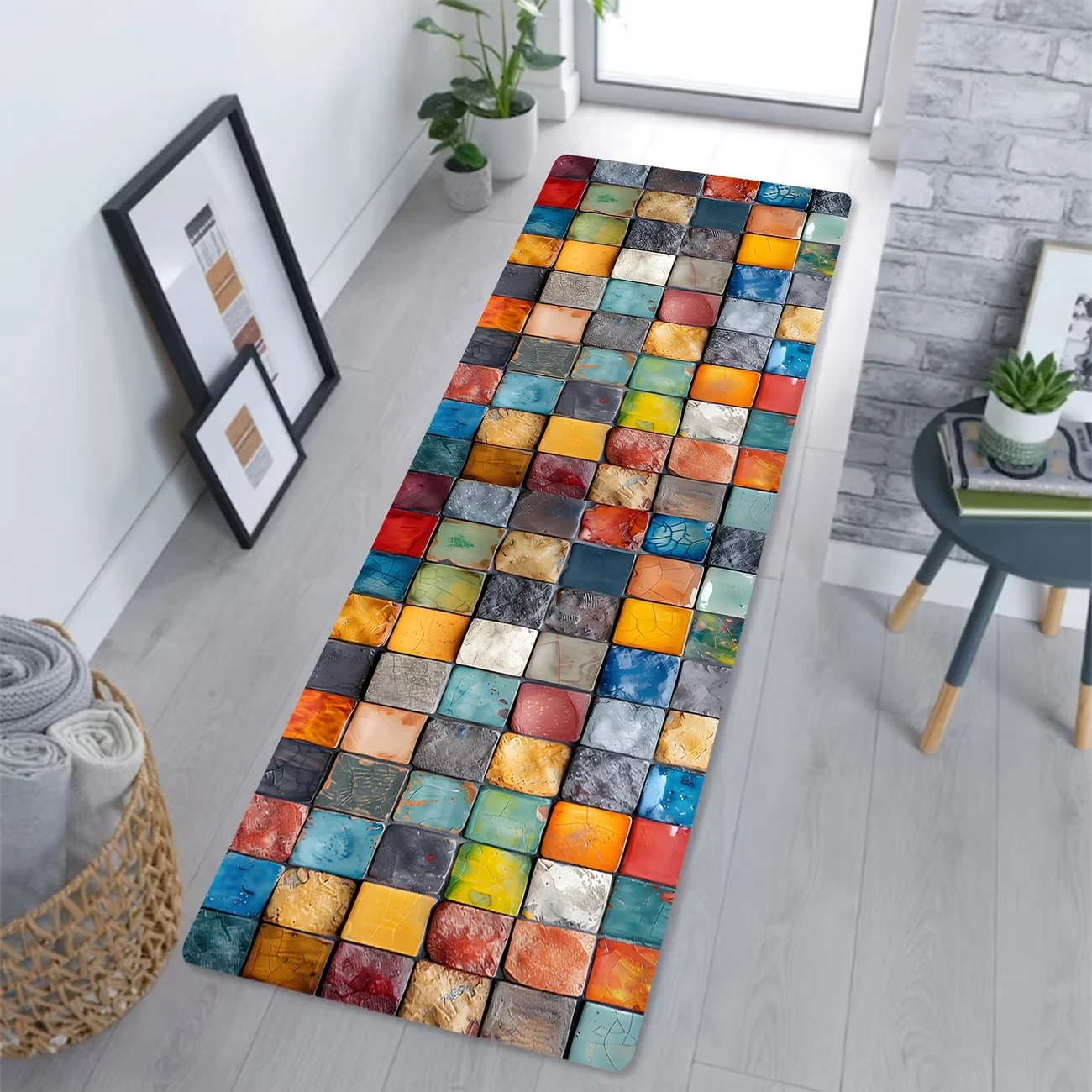Farbenfroher Quadratischer Patchwork-Kunstläufer für Wohnzimmer, Lebendiger Fliesenoptik-Teppich, Bodenmatte