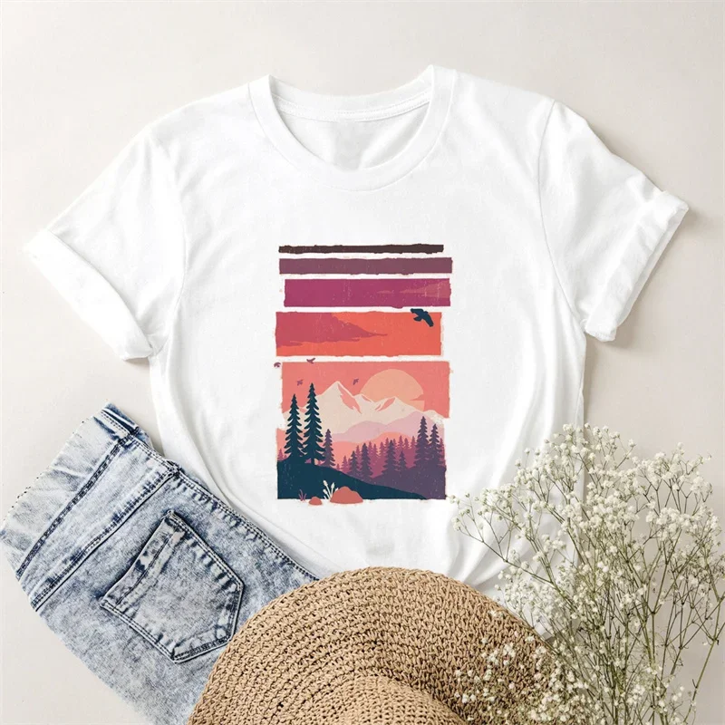 Y2k T Shirt Sunset Scenery Graphic T-shirts Women Casual Short Sleeve Summer O Neck Loose Lady Clothes Top Harajuku White Tee