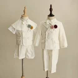 Gentleman Kids White Baptism Photograph Suit Children Jacket Vest Pants Bow tie 4P Birthday Dress Boys Prom Performance Costume